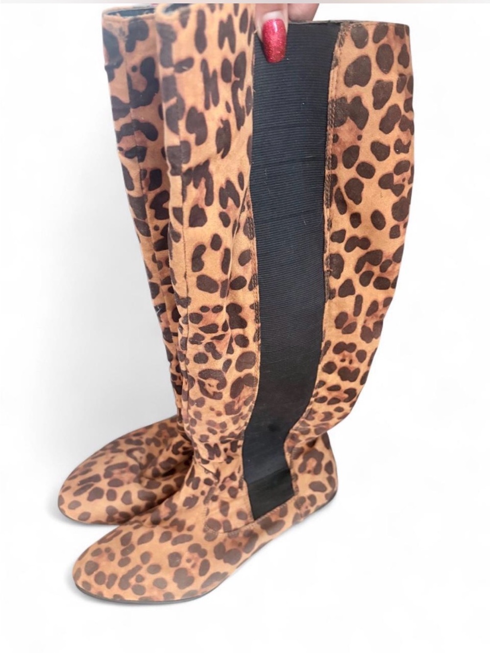 Leopard Print Over-the-Knee Stretch Boots - Brown/Black